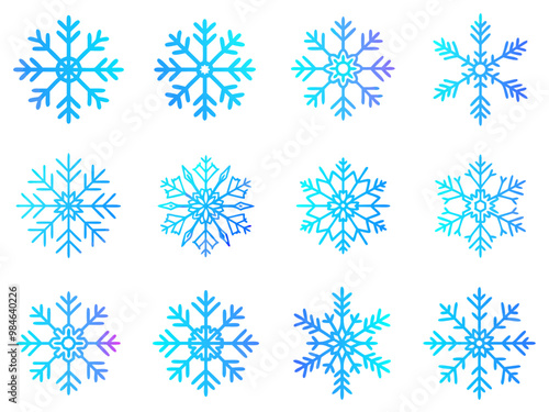 Collection of intricate blue snowflake designs in various shapes and sizes on a white background