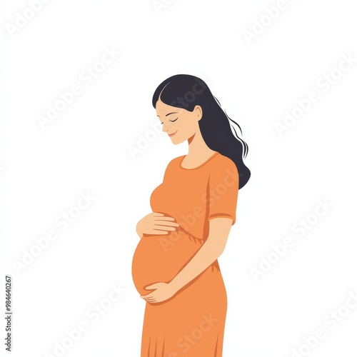 The illustration captures a pregnant woman in a relaxed pose, softly smiling while holding her belly. The minimal design highlights her glowing motherhood against a stark white backdrop