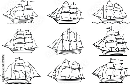 Classic sailing ship silhouette with white background.