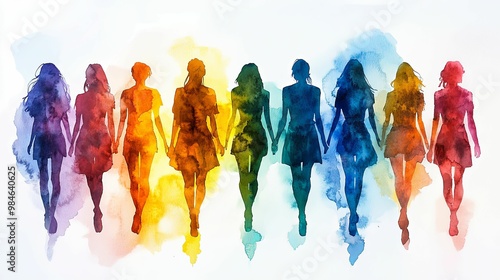 Wallpaper Mural Watercolor Silhouette of Ten Women Walking Hand-in-Hand Torontodigital.ca