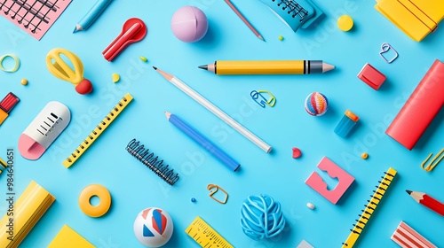 Colorful School Supplies Arranged on Blue Background