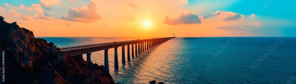 Obraz premium A stunning sunset illuminates a long pier extending into the ocean, with vibrant colors reflecting in the water beneath a sky dotted with clouds.