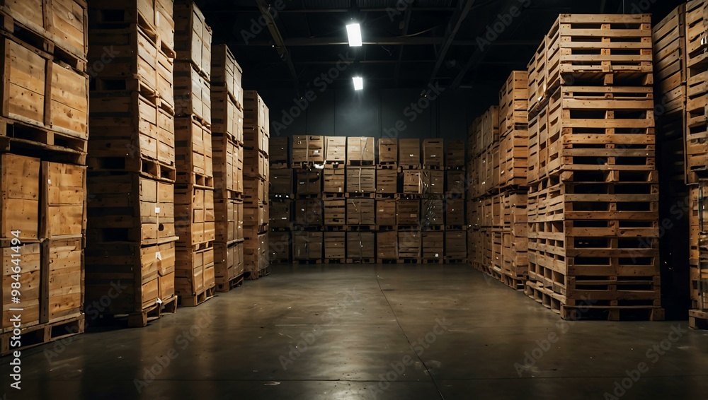 Warehouse interior with stacked pallets and bright lighting for storage. Warehouse interior with stacked pallets and bright lighting for storage.