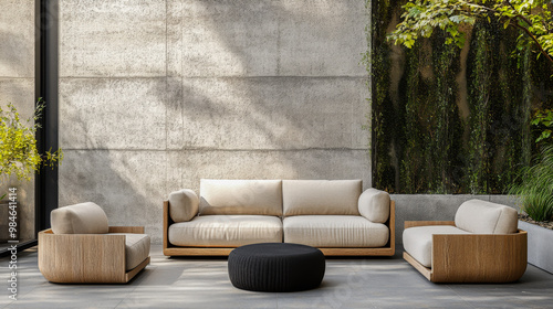 Modern outdoor seating area with stylish furniture and lush greenery in a serene urban environment