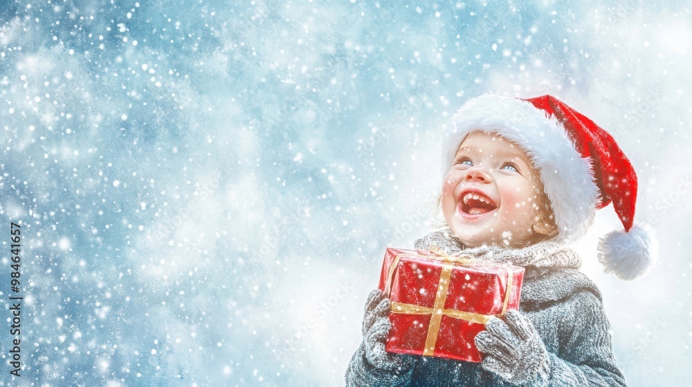 Joyful child wearing a Santa hat holds a Christmas gift while enjoying falling snowflakes outdoors in winter Joyful child wearing a Santa hat holds a Christmas gift while enjoying falling snowflakes outdoors in winter