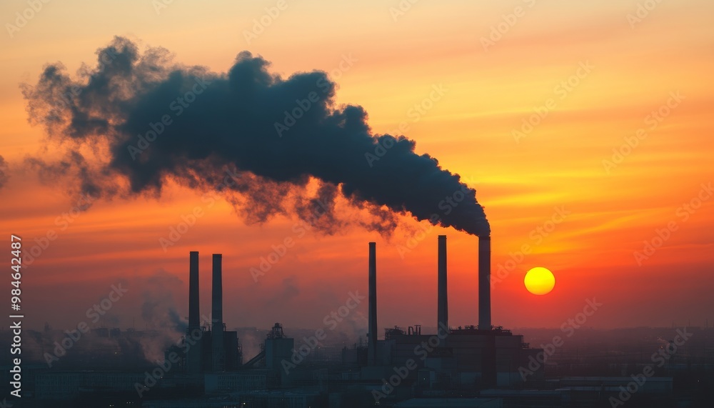 A factory emits dark smoke against a vibrant sunset, highlighting the contrast between industry and nature.