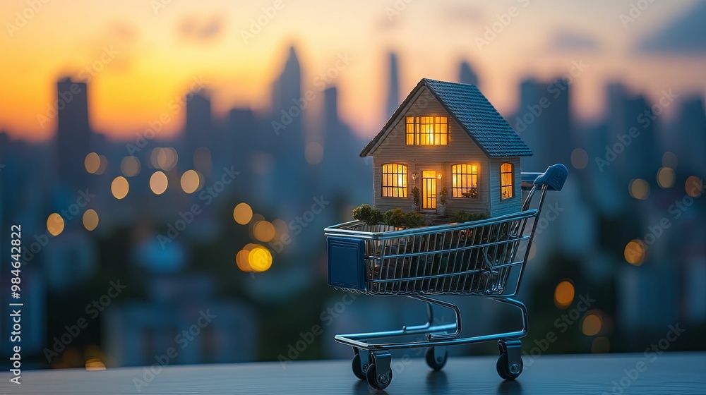 Miniature house in a shopping cart against a cityscape backdrop Miniature house in a shopping cart against a cityscape backdrop