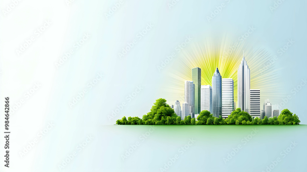 A city skyline bathed in sunburst rays, with green elements representing business sustainability, space for text A city skyline bathed in sunburst rays, with green elements representing business sustainability, space for text