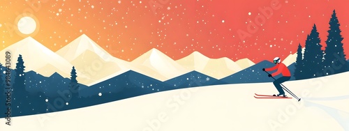 Skiing athlete on the mountain, flat design illustration with simple shapes and lines, vector graphic, simple details, simple colors, minimalistic style