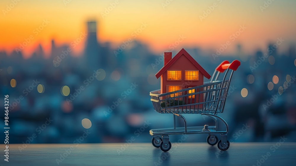 A Miniature House Inside a Shopping Cart Against a City Skyline at Sunset A Miniature House Inside a Shopping Cart Against a City Skyline at Sunset