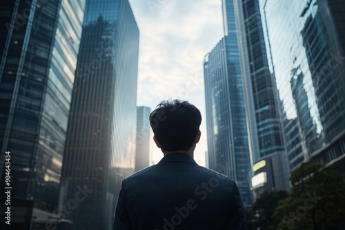 A confident business professional gazes toward the horizon, surrounded by towering office buildings that symbolize success and ambition. Soft lighting enhances the motivational and hopeful mood