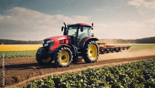 Red tractor plows field in rural landscape, farming equipment working for harvest