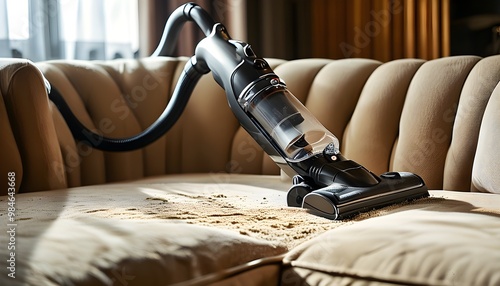 Meticulous sofa cleaning with a powerful vacuum, showcasing specialized service for detailed couch care and effective allergen control in domestic hygiene photo