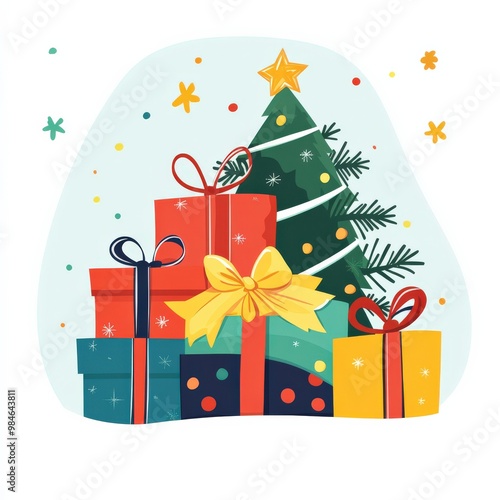 A delightful arrangement of Christmas gifts wrapped in bright paper with festive bows, neatly stacked beneath a Christmas tree. The design emphasizes a cheerful holiday spirit with vibrant colors