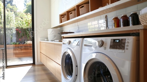 Modern Laundry Room with White Appliances and Wooden Cabinets