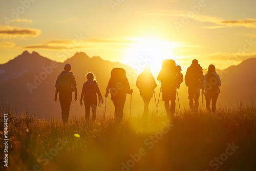 A group of hikers, consisting of parents and children, walks together at sunrise to celebrate the summer solstice, with the sky ablaze in golden light.