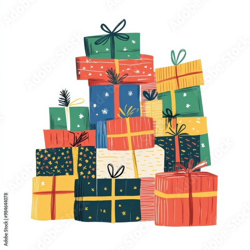 This charming vector features a neat pile of colorful Christmas presents wrapped in festive paper and ribbons. Ideal for conveying holiday spirit and joy
