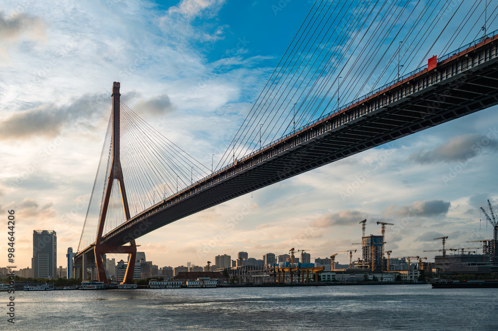 Shanghai Cable-stayed bridge Yangpu Bridge at dusk. Shanghai Cable-stayed bridge Yangpu Bridge at dusk.