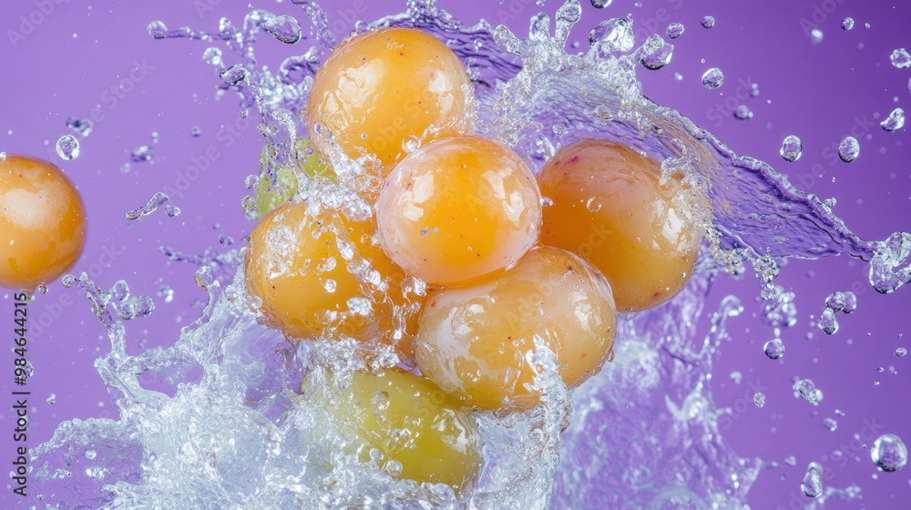 A splash of colorful fruits in water against a purple background. A splash of colorful fruits in water against a purple background.