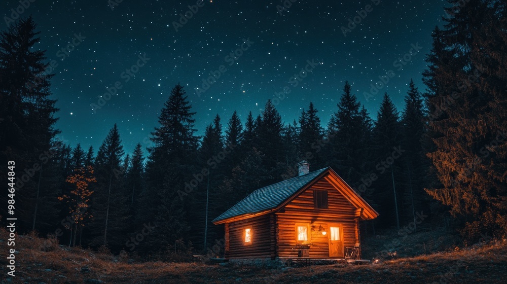 A cozy wooden cabin illuminated under a starry night sky surrounded by trees. A cozy wooden cabin illuminated under a starry night sky surrounded by trees.