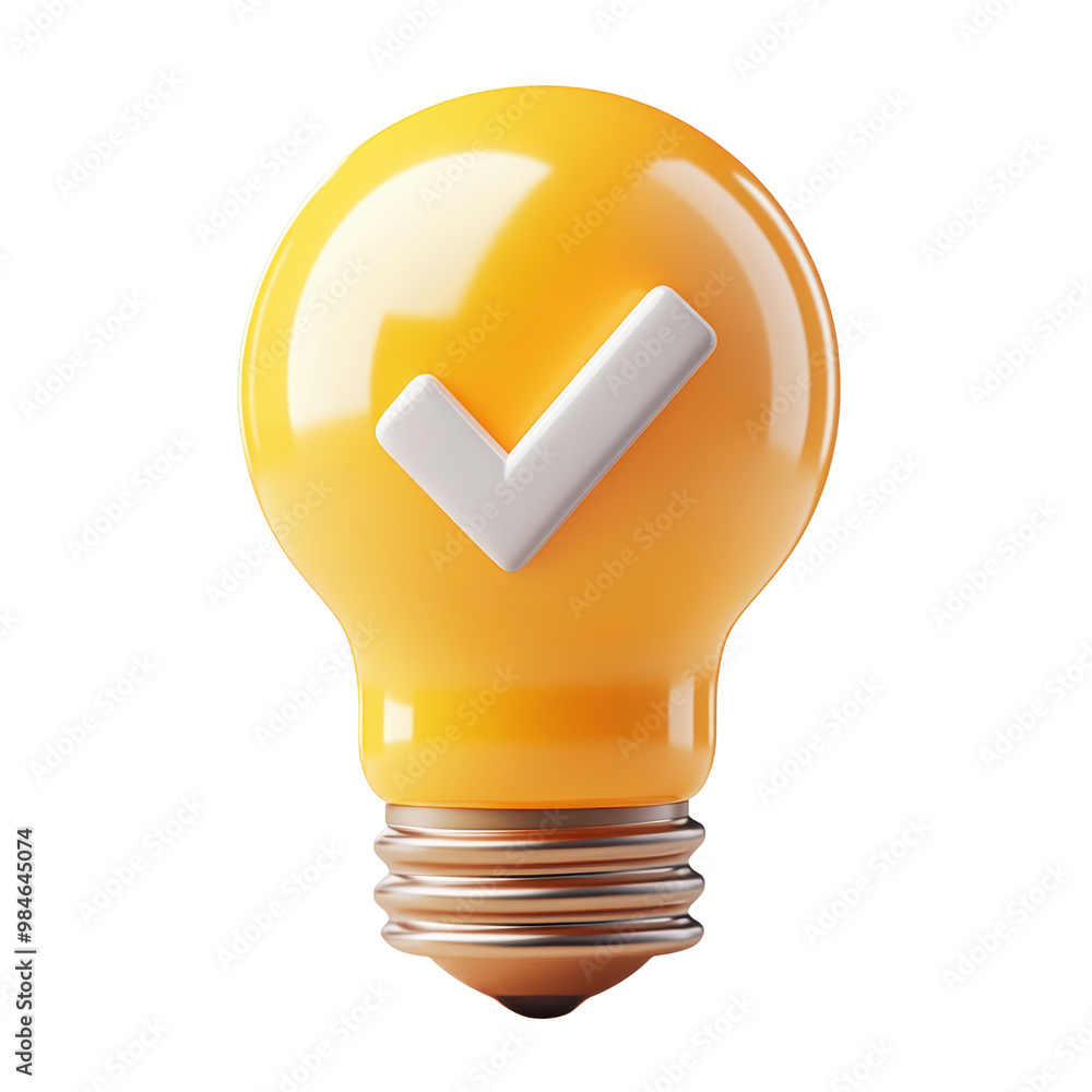 Fototapeta premium Bright Yellow Light Bulb with Check Mark Symbol in white isolated background.