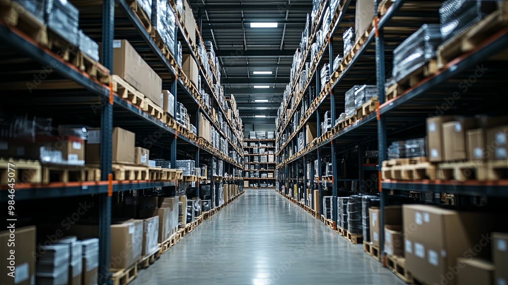 A Long Row of Pallets Loaded with Cardboard Boxes in a Warehouse A Long Row of Pallets Loaded with Cardboard Boxes in a Warehouse