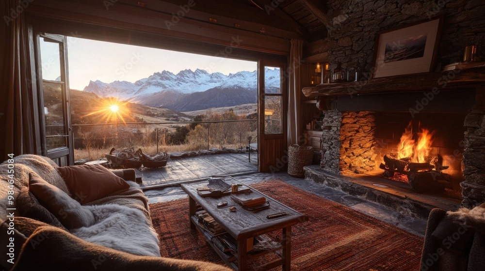 Cozy living room with a fireplace and mountain view at sunset. Cozy living room with a fireplace and mountain view at sunset.