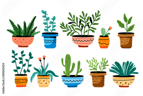 Potted plants set. Interior houseplants in planters, baskets, flowerpots. Home indoor green decor. Different succulents, cacti, foliage. Flat graphic vector