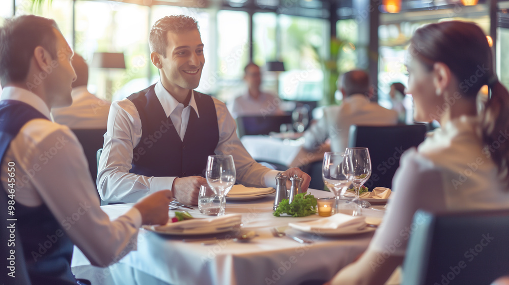 Satisfied couple enjoying a warm dining experience served by a smiling waiter at an elegant restaurant during a customer appreciation event, creating an inviting and reserved atmosphere for a special Satisfied couple enjoying a warm dining experience served by a smiling waiter at an elegant restaurant during a customer appreciation event, creating an inviting and reserved atmosphere for a special