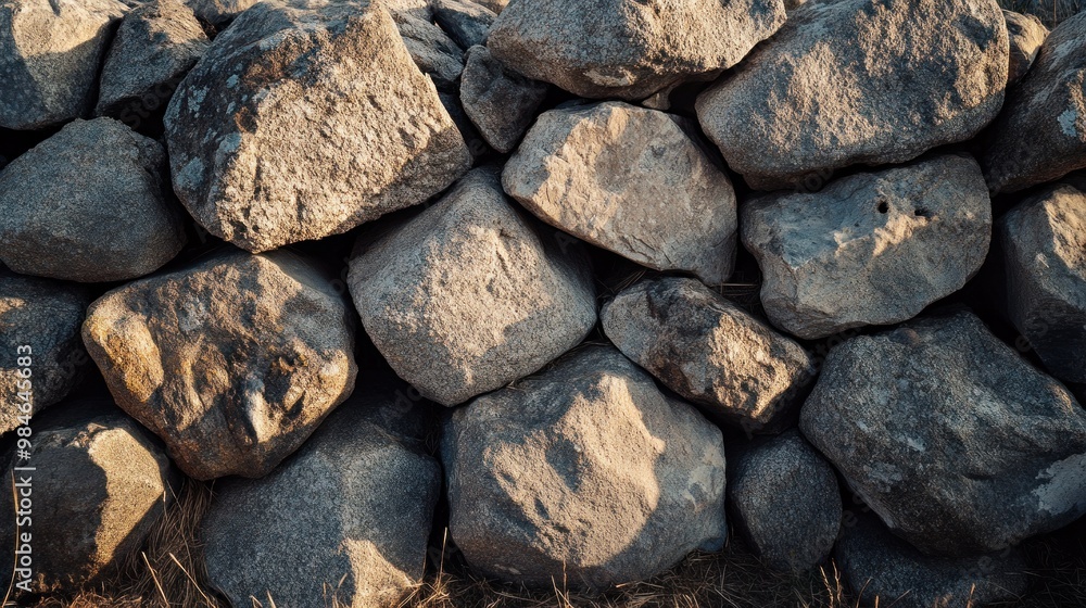 A close-up view of a rustic stone wall made of various sized rocks.