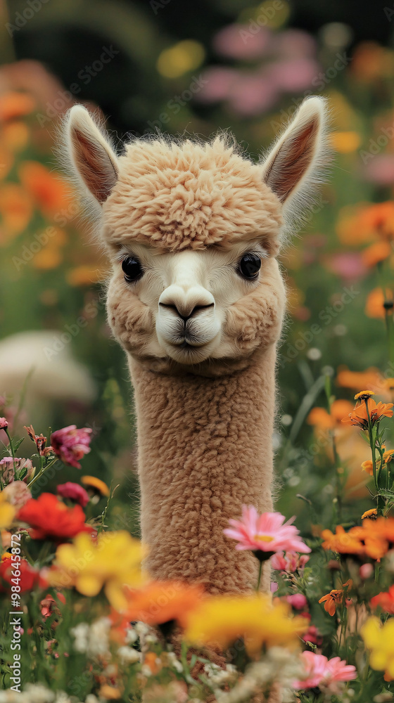 Obraz premium Adorable alpaca standing in a vibrant meadow filled with wildflowers, gazing into the camera with a peaceful and curious expression in a lush countryside setting