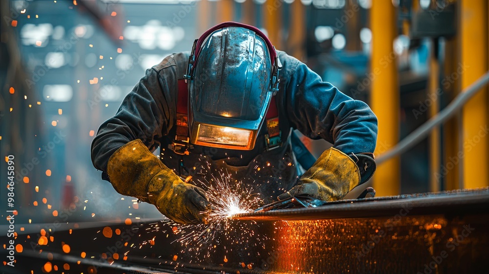 Welder Working on a Steel Beam with Sparks Flying Welder Working on a Steel Beam with Sparks Flying
