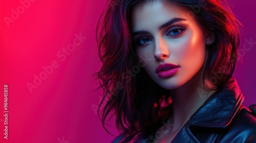 A close-up portrait of a woman with striking features and colorful lighting.