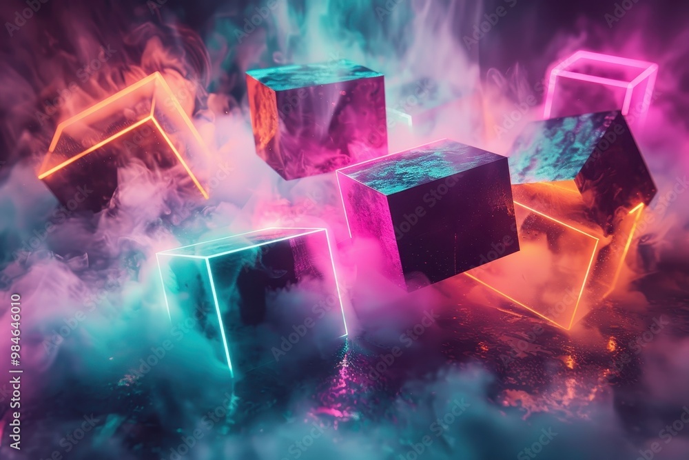 A colorful cube is surrounded by smoke and other cubes A colorful cube is surrounded by smoke and other cubes