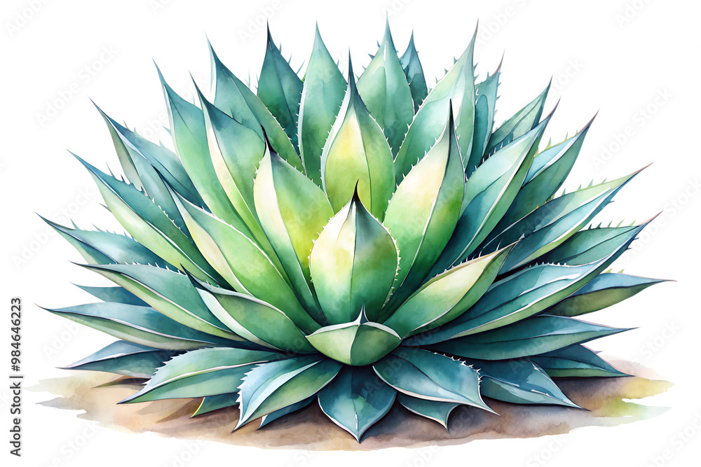 Watercolor blue agave plant with vibrant spiky leaves Watercolor blue agave plant with vibrant spiky leaves