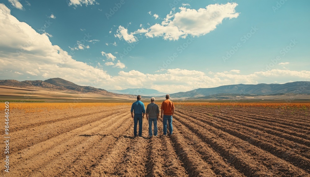 Three individuals stand in a vast field, gazing at the horizon under a blue sky with scattered clouds, embodying a sense of exploration and connection to nature.