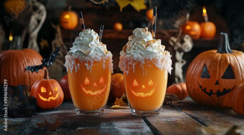 Uma cena festiva de Halloween com bebidas de laranja cobertas com chantilly, cercadas por abóboras e decorações assustadoras. photo