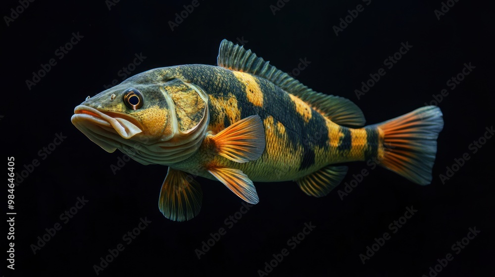 A vibrant fish with stripes swimming against a dark background. A vibrant fish with stripes swimming against a dark background.