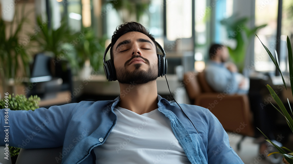 Obraz premium Man wearing noise-canceling headphones, focused and relaxed in a busy office environment, symbolizing the concept of noise cancellation and productivity enhancement.