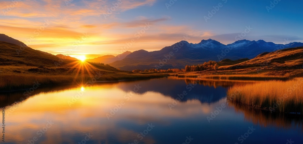 Fototapeta premium Golden sunrise illuminating a still mountain lake