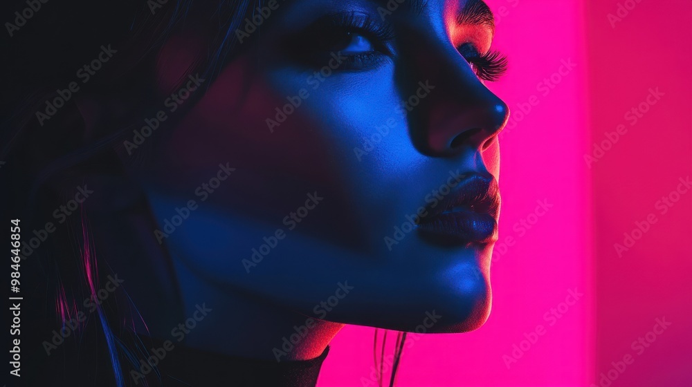 A profile shot of a woman illuminated by vibrant blue and pink lighting. A profile shot of a woman illuminated by vibrant blue and pink lighting.