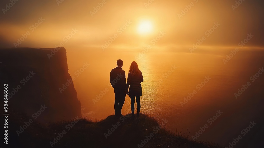 A couple stands hand-in-hand, gazing at a sunset over a tranquil ocean.