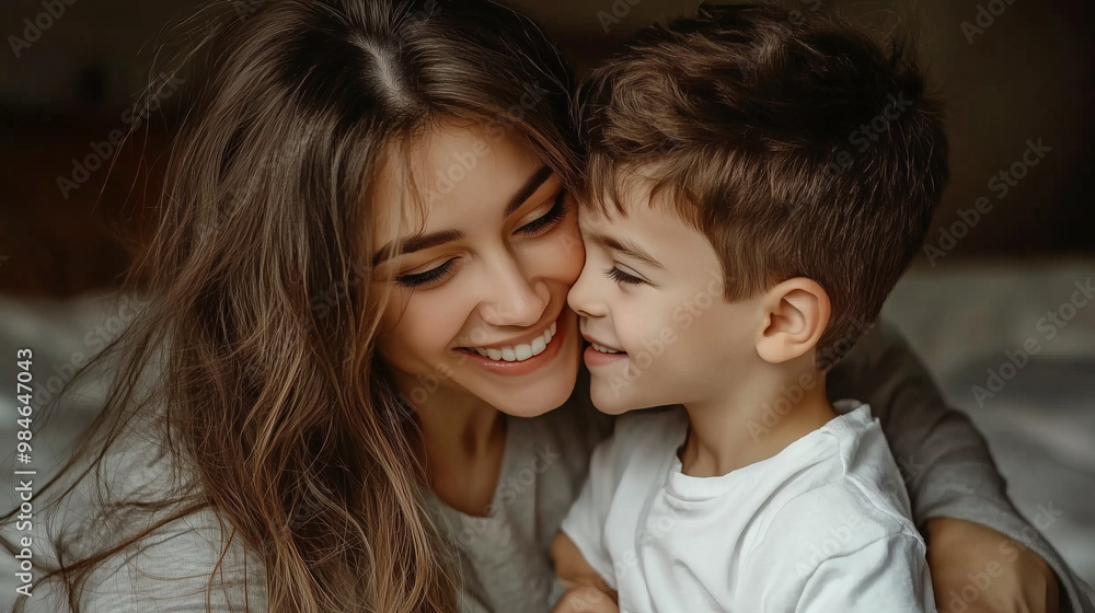 A smiling mother lovingly gazes at her young son. A smiling mother lovingly gazes at her young son.