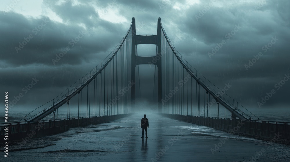 Obraz premium A solitary figure stands on a foggy bridge under a dramatic sky.
