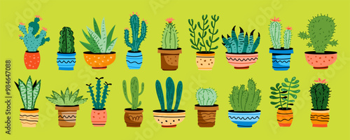 Potted plants set. Interior houseplants in planters, baskets, flowerpots. Home indoor green decor. Different succulents, cacti, foliage. Flat graphic vector