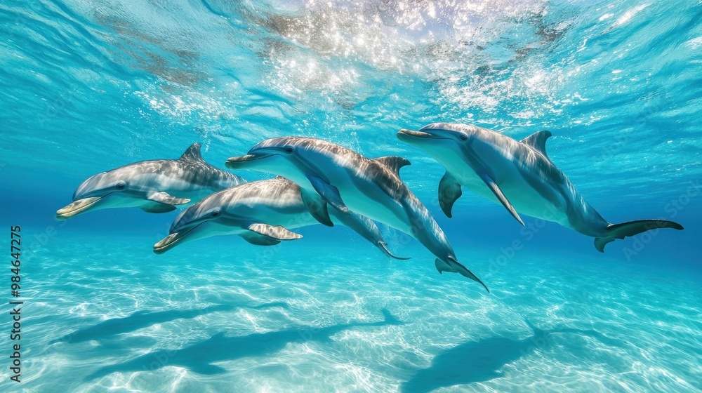 Obraz premium A group of dolphins swimming gracefully in clear, turquoise waters.