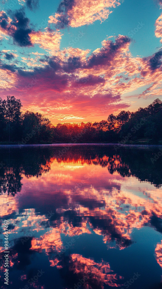 A stunning sunset reflects beautifully on calm lake, surrounded by lush trees and vibrant clouds. colors create serene and peaceful atmosphere, inviting tranquility A stunning sunset reflects beautifully on calm lake, surrounded by lush trees and vibrant clouds. colors create serene and peaceful atmosphere, inviting tranquility