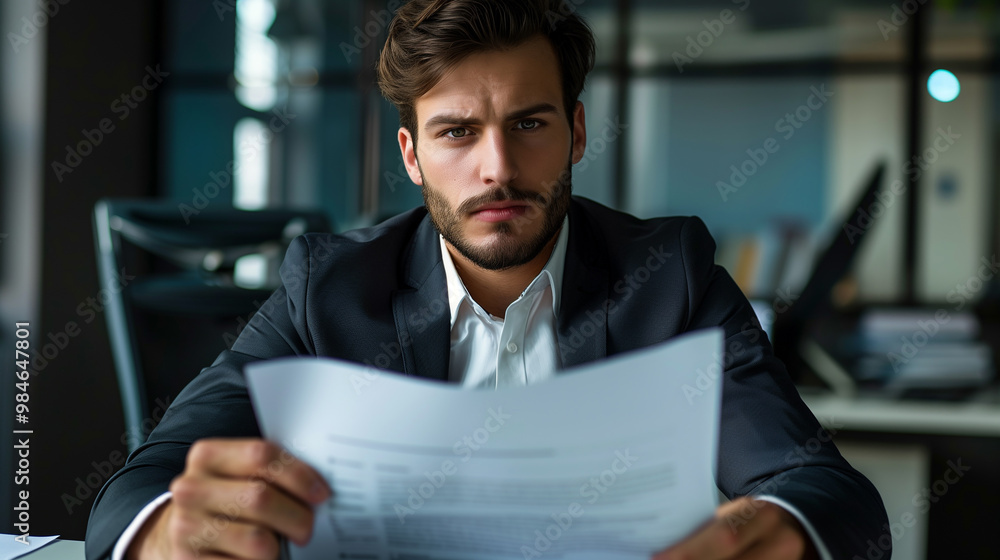 Confident professional in a tailored suit, holding a resume, standing against a clean, minimalist office background with ample copy space. Ideal for showcasing career advancement and job-seeking scena Confident professional in a tailored suit, holding a resume, standing against a clean, minimalist office background with ample copy space. Ideal for showcasing career advancement and job-seeking scena