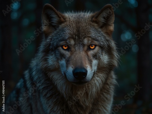 Wolf portrait with glowing eyes.