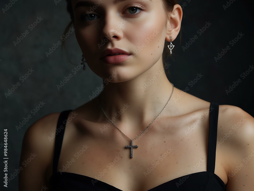 Woman in a black dress with a cross necklace. Woman in a black dress with a cross necklace.